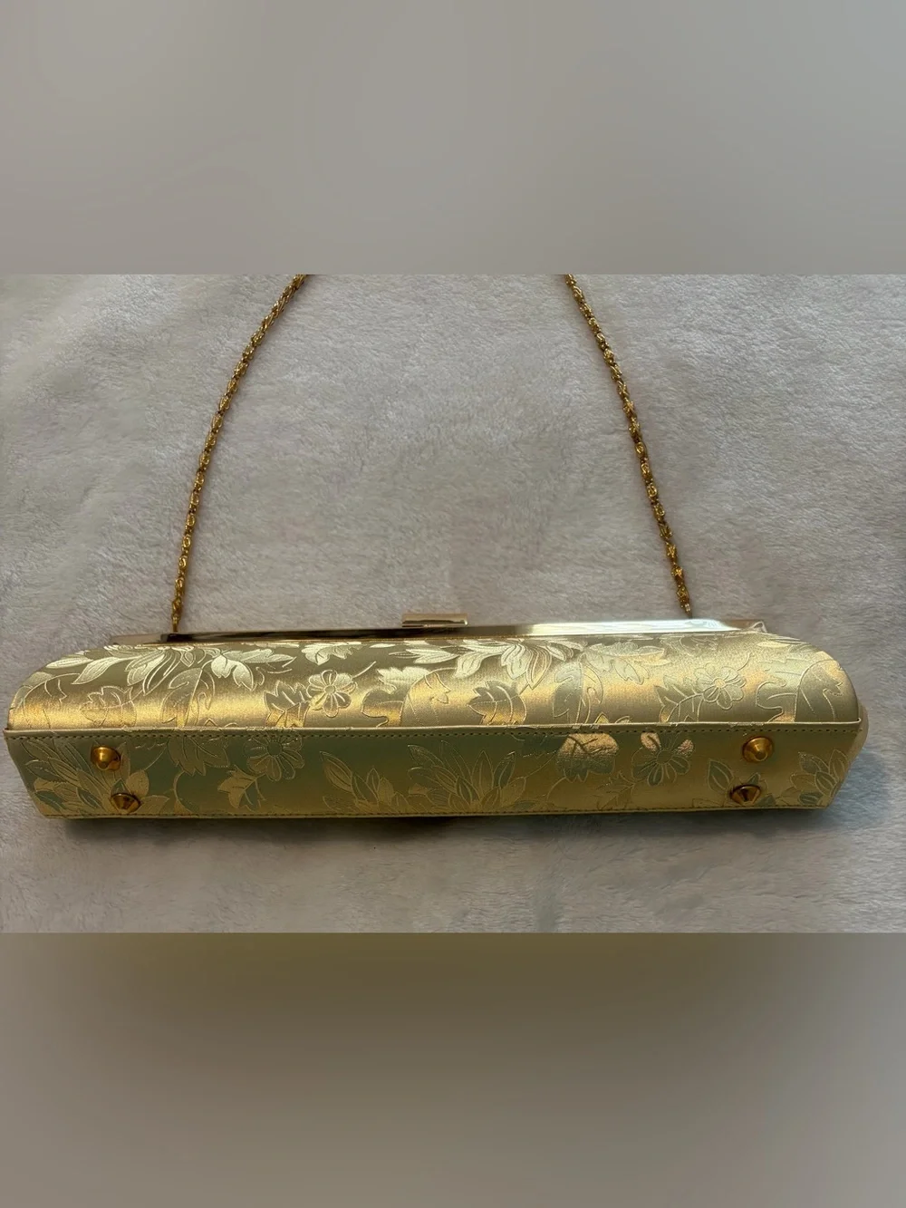 Gold Floral Embossed Evening Clutch with Chain Strap